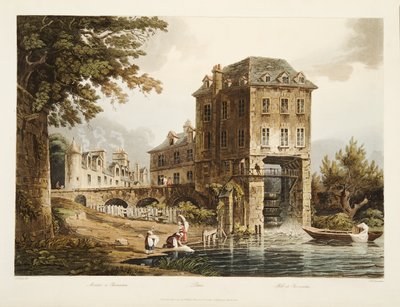 Mill at Charenton, illustrasjon fra Versailles, Paris og Saint Denis, pub. 1807 (akvatint) av John Claude after Nattes
