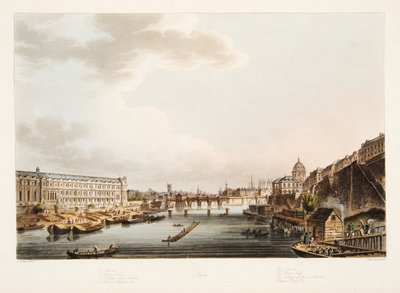 Louvre; Pont Neuf; College of the 4 Nations; Voltaires Quay, illustrasjon fra Versailles, Paris og Saint Denis, pub. 1805 (akvatint) av John Claude after Nattes