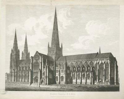 Lichfield Cathedral - South East View: gravering, nd [c 1823] (trykk) av John Coney