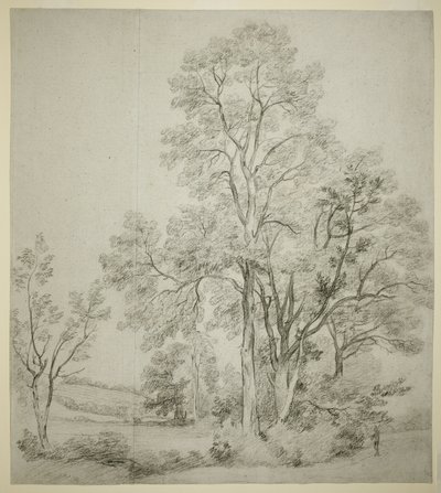 Et stativ av almetrær (recto); En studie av Øst-Bergholt med kirken (verso) av John Constable