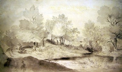 En Suffolk Pond, med hytter i det fjerne (blyant og vask på papir) av John Constable