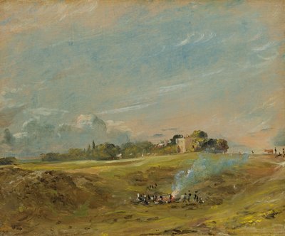 En utsikt over Hampstead Heath, med figurer rundt et bål av John Constable