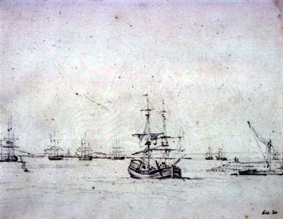 En brigg for anker og annen skipsfart i Themsen (grafitt på papir) av John Constable