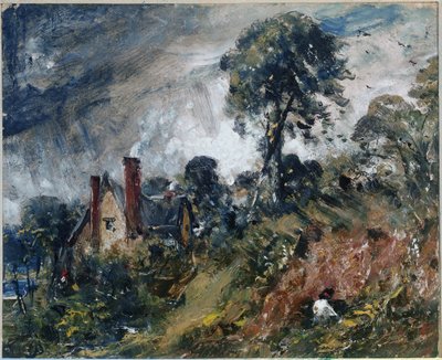 En hytte blant trær, med en sandbanke (olje på lerret av John Constable