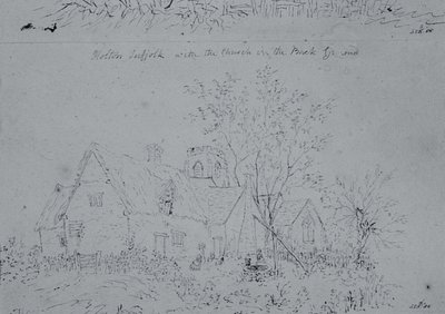 Hytte på Holton med kirken i bakgrunnen (penn og blekk på papir) av John Constable