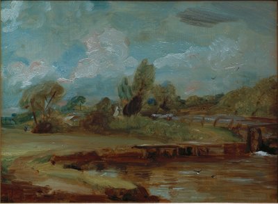 Flatford Lock fra en sti ved elven av John Constable