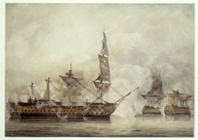"Victory" har Trafalgar mellom to franske skip (1805). Tegning av John Constable (1776-1837) av John Constable