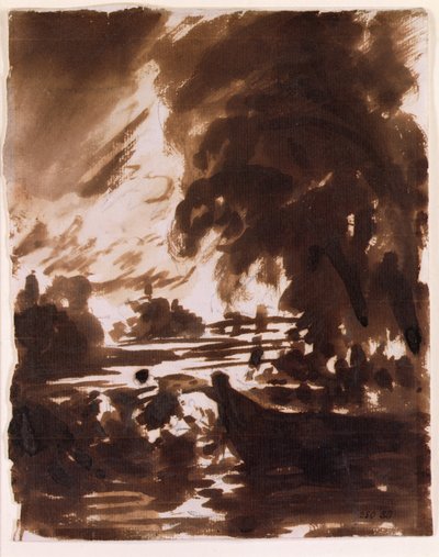 Trær og vannstrekning på Stour (brun vask) av John Constable