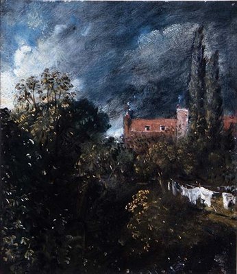Utsikt i en hage med et rødt hus bortenfor av John Constable