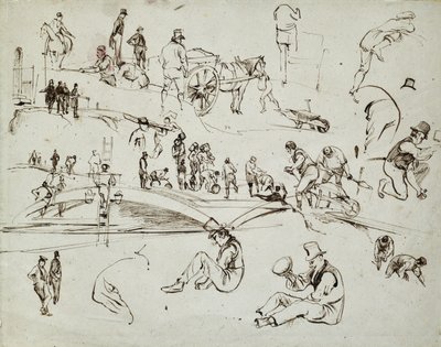 Bygging av London og Birmingham Railway, ca. 1835 (brunt blekk på papir; sammensatt skisse) av John Cooke Bourne