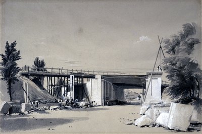 Denbigh Hall Bridge fra veien, 25. juni 1837 (penn og blekk og vask på papir) av John Cooke Bourne