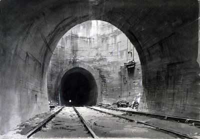 Flott ventilasjonssjakt, Kilsby Tunnel, Northamptonshire, 1837-38 (penn og blekk og vask på papir) av John Cooke Bourne