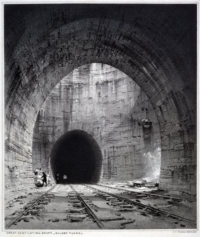 Flott ventilasjonssjakt, Kilsby Tunnel, Northamptonshire, 1838 (penn og blekk og vask på papir) av John Cooke Bourne