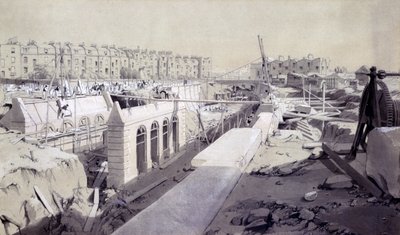 Mornington Crescent - Line under konstruksjon, september 1836 (penn og blekk og vask på papir) av John Cooke Bourne
