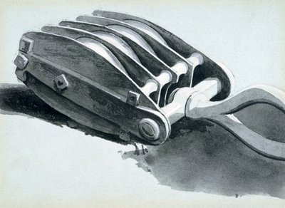 Remskive brukt i jernbanekonstruksjon, 1833-38 (penn og blekk og vask på papir) av John Cooke Bourne