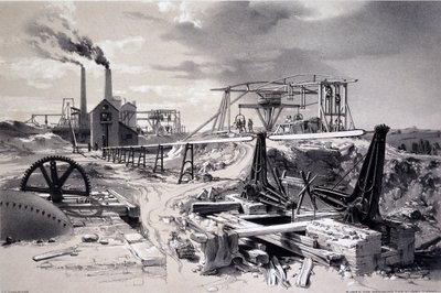 Pumper, ventilasjonssjakt, Kilsby Tunnel, Northamptonshire, 15. juli 1837 (penn og blekk og vask på papir) av John Cooke Bourne