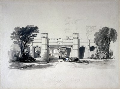 Rugbyjernbanebroer sett fra veien, Warwickshire, april 1839 (penn og blekk og vask på papir) av John Cooke Bourne