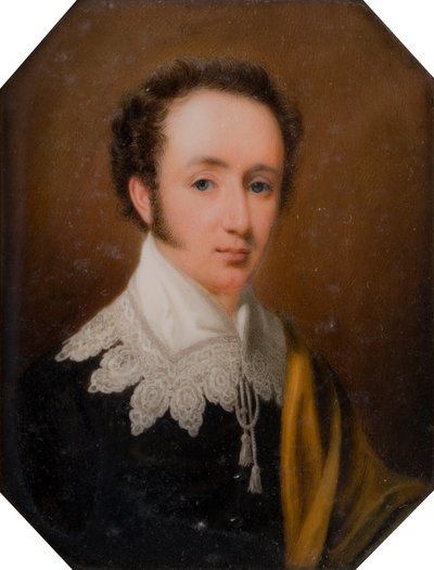 Portrett av George, Viscount Newport, senere 2. jarl av Bradford (1789-1865), ca. 1809-62 (olje på elfenben) av John Cox Dillman Engleheart