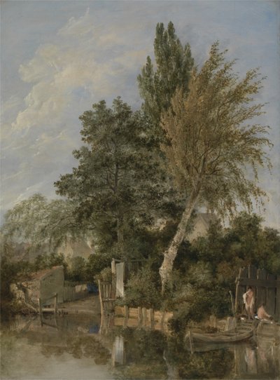 En elvescene med gutter som bader, ca. 1817 (olje på panel) av John Crome