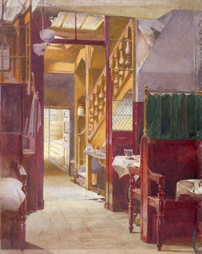 Innvendig visning som viser trappen ved Cock Tavern, Fleet Street, City of London, 1881 av John Crowther