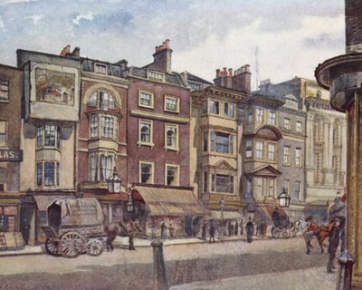 Det tapte London: Gamle hus i Strand, ved siden av Adelphi Theatre (fargelitografi) av John Crowther