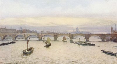 Det tapte London: Waterloo-broen fra Charing Cross-jernbanebroen (fargelitografi) av John Crowther