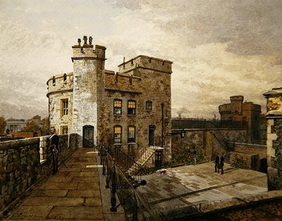 Utsikt over Devereux Tower, Tower of London, med figurer i militærklær av John Crowther
