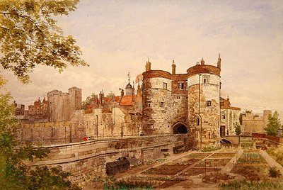 Utsikt over Tower of London, som viser Byward Tower, Beauchamp Tower, Devereux Tower og St. Thomas Tower av John Crowther