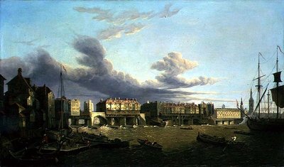 Utsikt over Old London Bridge slik den var i 1747 (olje på lerret) av John Dean Paul