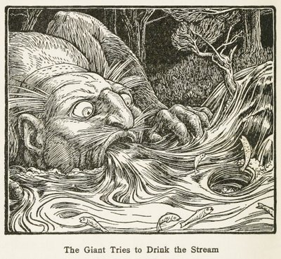 The Giant Trys to Drink the Stream, fra Europas Fairy Book, pub. 1916 (gravering) av John Dickson Batten