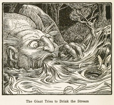 The Giant Trys to Drink the Stream, fra Europas Fairy Book, pub. 1916. av John Dickson Batten