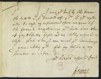 Cotton Julius C. III, f.153 Autografbrev fra John Donne til Sir Robert Cotton, skrevet fra fengselet, 20. februar 1601 (blekk på papir) av John Donne