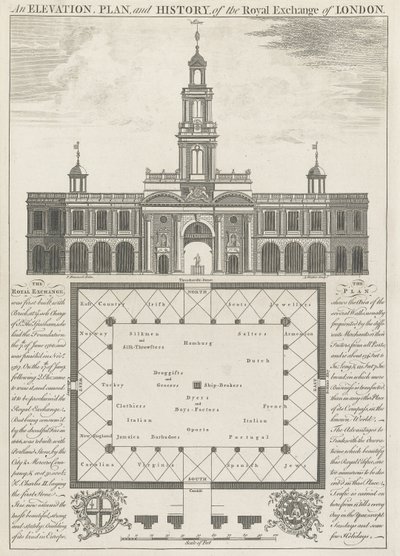 En høyde, plan og historie til Royal Exchange of London av John Donowell