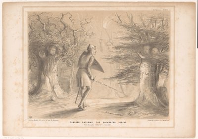 Spotprent møtte Lord Russell als Tancredi Tancred inn i den fortryllede skogen. Se Jerusalem levert. Canto XIII (tittel på objekt) HB Sketches (serietittel på objekt) av John Doyle