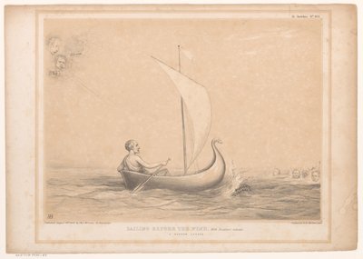 Spotprent møtte Lord Russell i en zeilboot Seiler for vinden, med Breakers foran. En smal flukt (tittel på objekt) HB Sketches (serietittel på objekt) av John Doyle