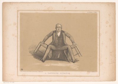 Tegneserie med Robert Peel som faller mellom to stoler En farlig situasjon (tittel på objekt) HB Sketches (serietittel på objekt) av John Doyle