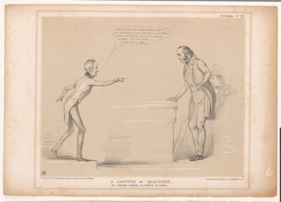 Spotprent møtte Roebuck og Lord Bentinck Et foredrag om elokusjon. Professoren håndhever sine forskrifter ved eksempel (tittel på objekt) HB Sketches (serietittel på objekt) av John Doyle