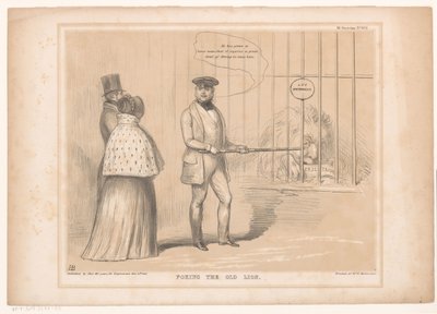 Tegneserie med dronning Victoria ved løveburet Stikke den gamle løven (tittel på objekt) HB Sketches (serietittel på objekt) av John Doyle