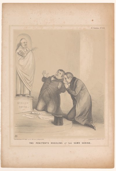 Spotprent møtte premier Robert Peel og Daniel O'Connell To angrende knelende ved samme helligdom (tittel på objekt) HB Sketches (serietittel på objekt) av John Doyle