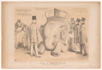 Spotprent over de aanstelling av Henry Hardinge som guvernør i India En leksjon i elefantridning! Studert fra Nature in the Zoological Gardens (tittel på objekt) HB Sketches (serietittel på objekt) av John Doyle