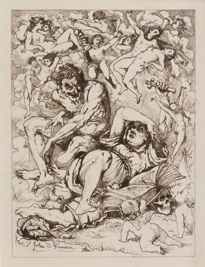 Liggende figur holder kors, djevelen sitter i nærheten omgitt av flytende figurer (etsing) av John Duncan