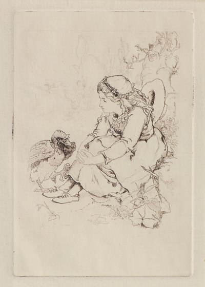 Sittende jente og stor fugl (etsing) av John Duncan