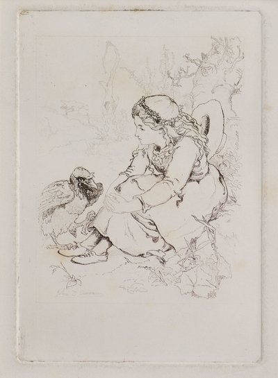 Sittende jente og stor fugl (etsing) av John Duncan
