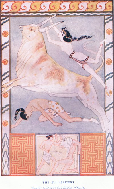 The Bull Baiters, illustrasjon fra Myths of Crete og Pre-Hellenic Europe pub. av Gresham Publishing Company Limited fra 1920-tallet av John Duncan