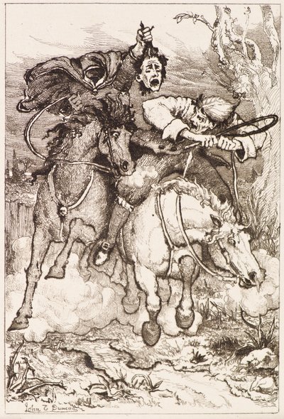 To galopperende ryttere [en bærer sitt eget hode] (etsing) av John Duncan