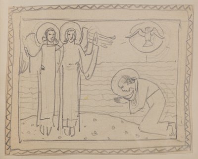 Uten tittel [Knelende figur og to engler] (blyant) av John Duncan