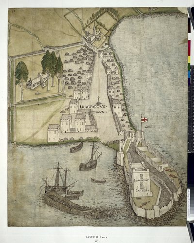 Cotton MSS Augustus I ii 41 Plan of Carrickfergus (Co. Antrim) 1612 (penn og blekk med vask på papir) av John Dunstall