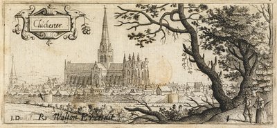 To skikkelser som står ved et stort tre på høyre side i forgrunnen; byen Chichester i det fjerne; bymurene som går gjennom scenen; Chichester Cathedral i midten av bildet, ca. 1660 (radering) av John Dunstall