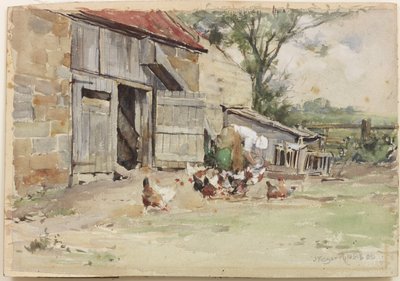 Feeding the Hens, 1909 (wc på papir) av John Edgar Mitchell
