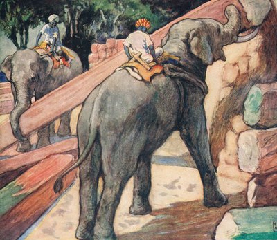 Elefanter som håndterer logger, illustrasjon fra 